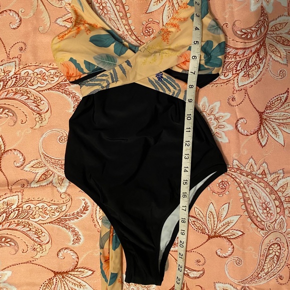Black and Peach Floral Cross Over One Piece Swimsuit with ties - Picture 11 of 13